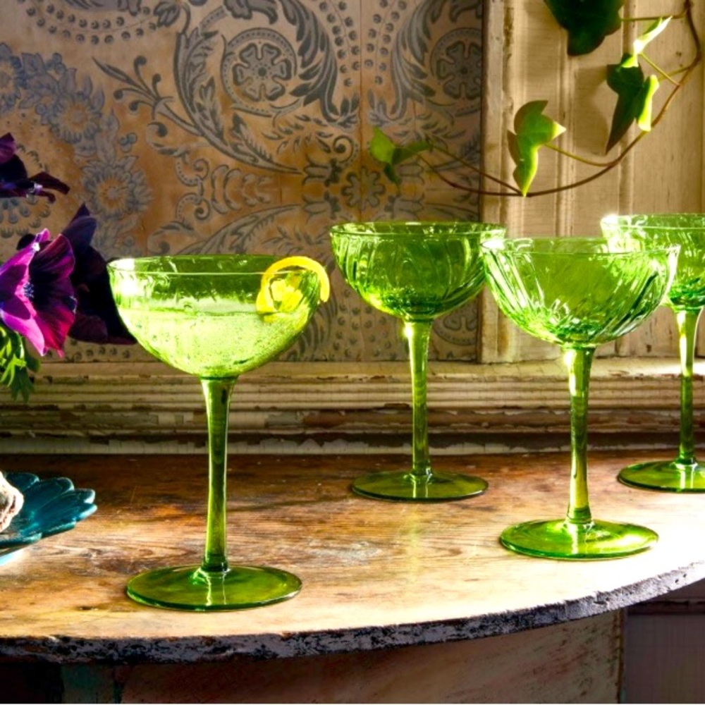 4 Piece Set John Derian For Target Cocktail Coupe Glasses Green Limited Edition